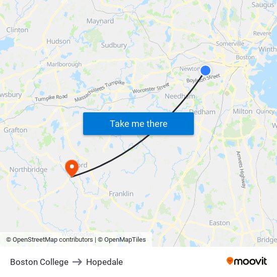 Boston College to Hopedale map