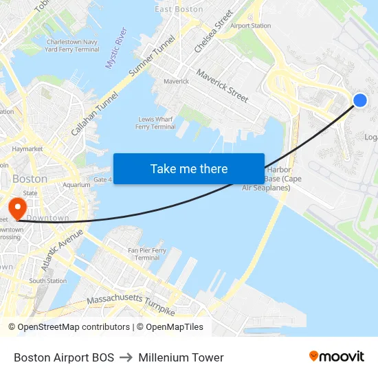 Boston Airport BOS to Millenium Tower map