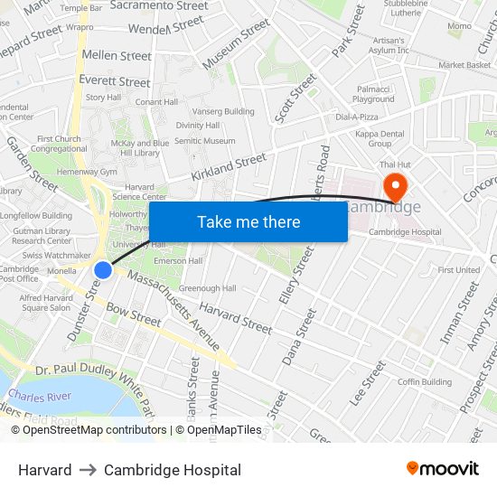 Harvard to Cambridge Hospital map