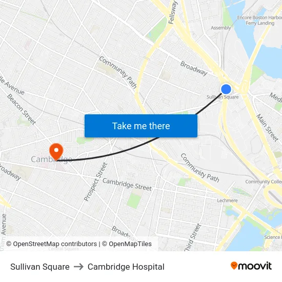 Sullivan Square to Cambridge Hospital map