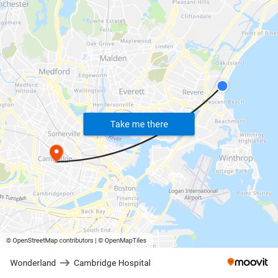 Wonderland to Cambridge Hospital map