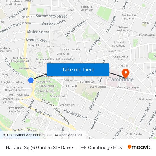 Harvard Sq @ Garden St - Dawes Island to Cambridge Hospital map