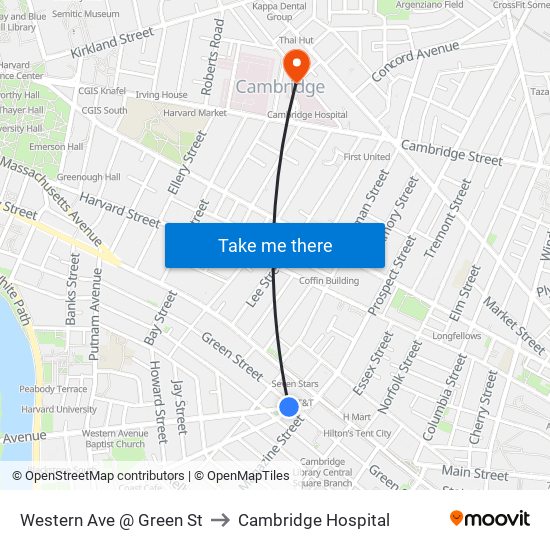 Western Ave @ Green St to Cambridge Hospital map