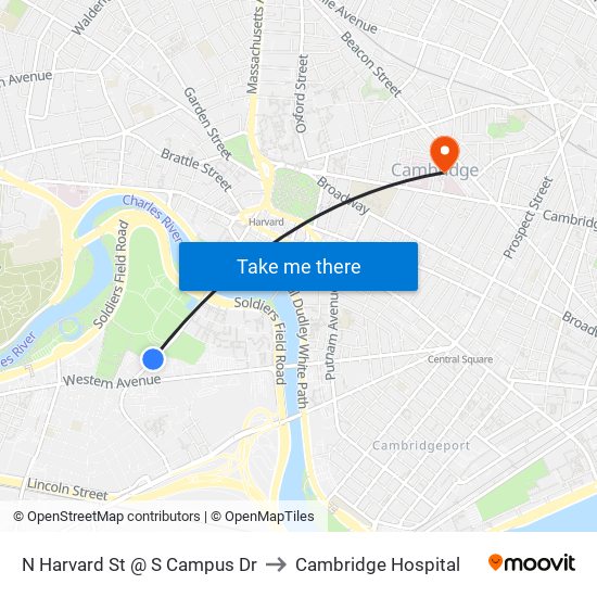 N Harvard St @ S Campus Dr to Cambridge Hospital map