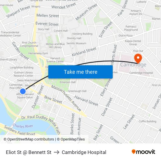 Eliot St @ Bennett St to Cambridge Hospital map
