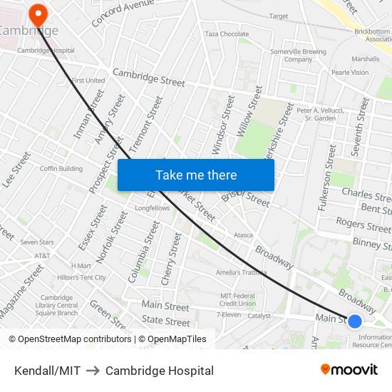 Kendall/MIT to Cambridge Hospital map