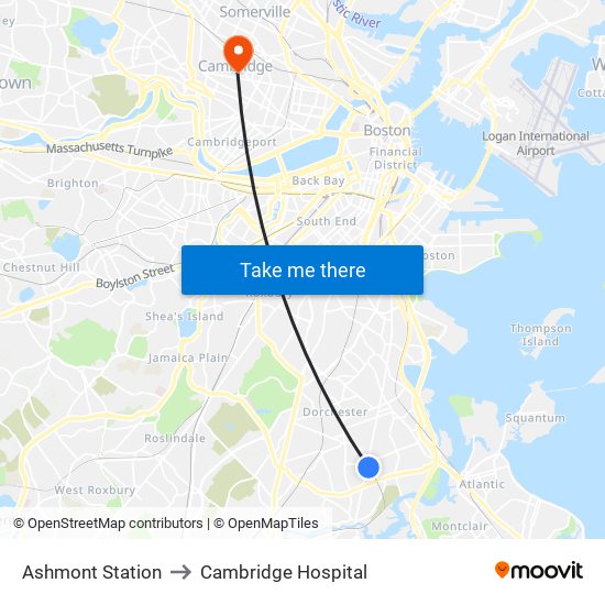 Ashmont Station to Cambridge Hospital map