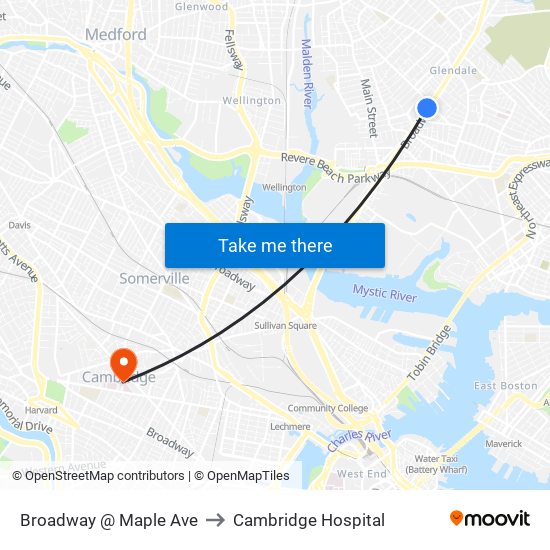 Broadway @ Maple Ave to Cambridge Hospital map