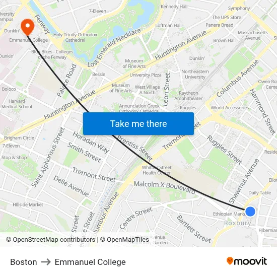 Boston to Emmanuel College map