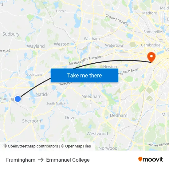 Framingham to Emmanuel College map