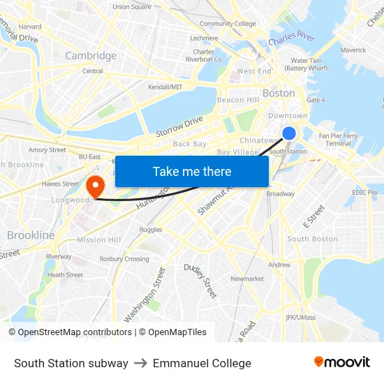 South Station subway to Emmanuel College map