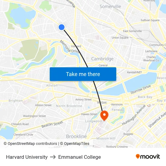 Harvard University to Emmanuel College map