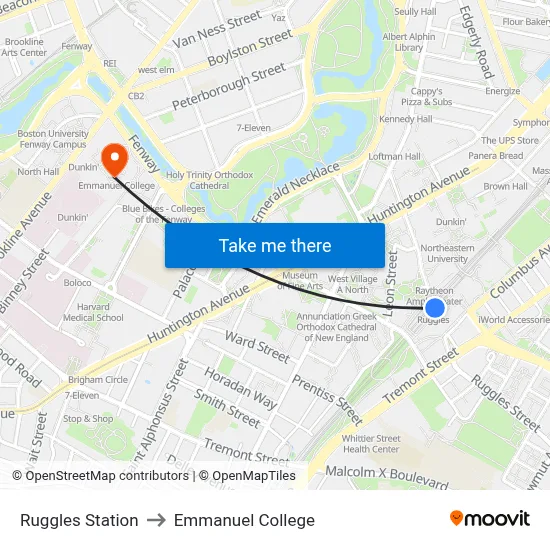 Ruggles Station to Emmanuel College map