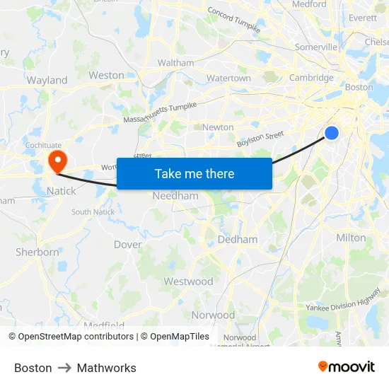 Boston to Mathworks map