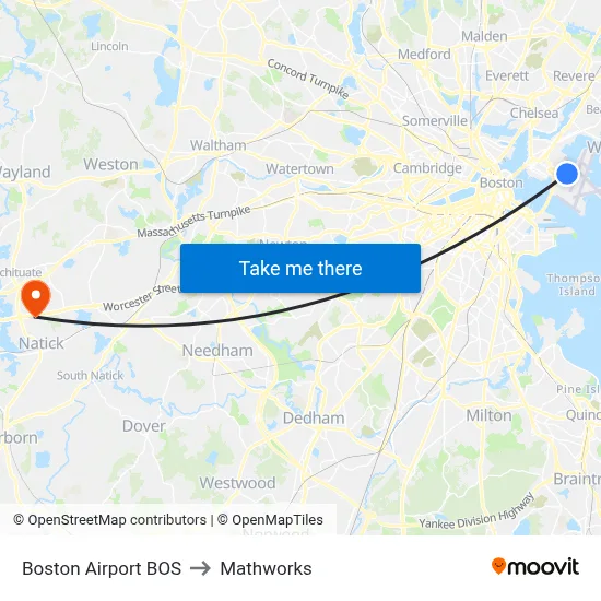 Boston Airport BOS to Mathworks map