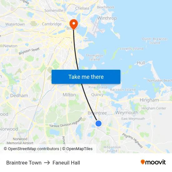 Braintree Town to Faneuil Hall map