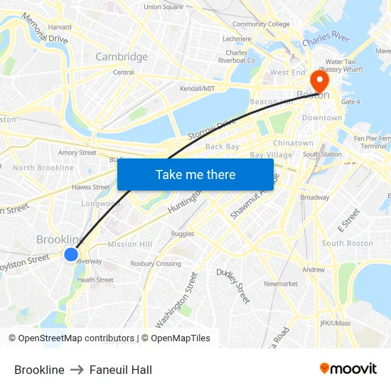 Brookline to Faneuil Hall map