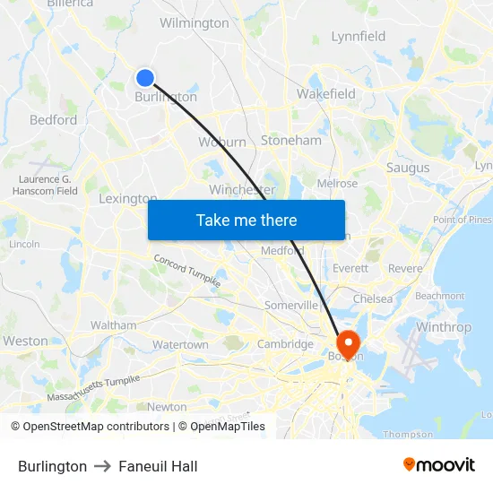Burlington to Faneuil Hall map