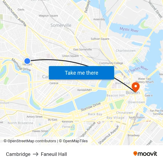 Cambridge to Faneuil Hall map