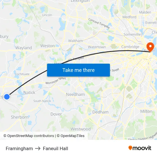 Framingham to Faneuil Hall map