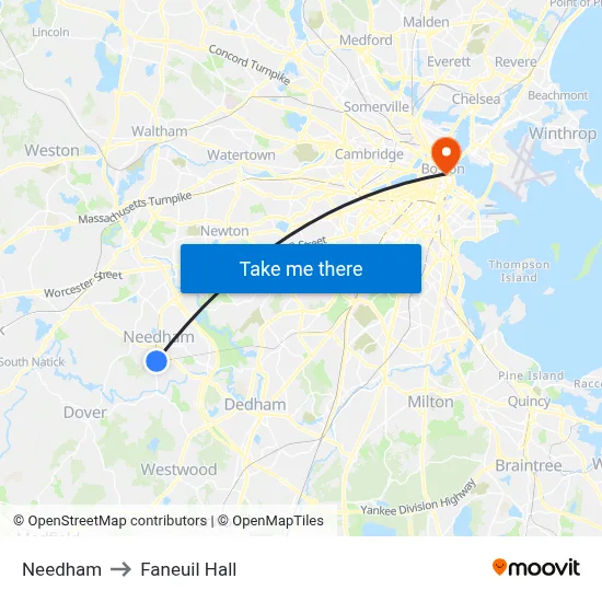 Needham to Faneuil Hall map