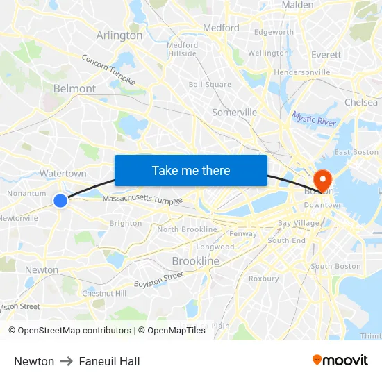 Newton to Faneuil Hall map
