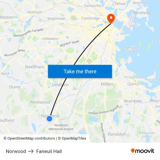 Norwood to Faneuil Hall map
