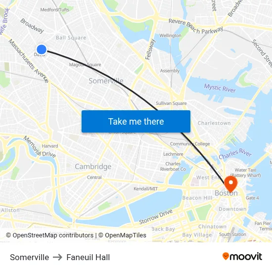 Somerville to Faneuil Hall map
