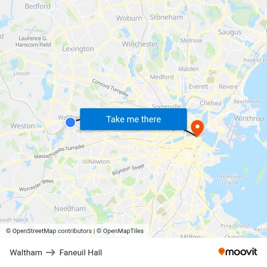 Waltham to Faneuil Hall map