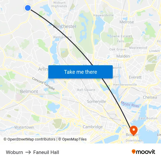 Woburn to Faneuil Hall map
