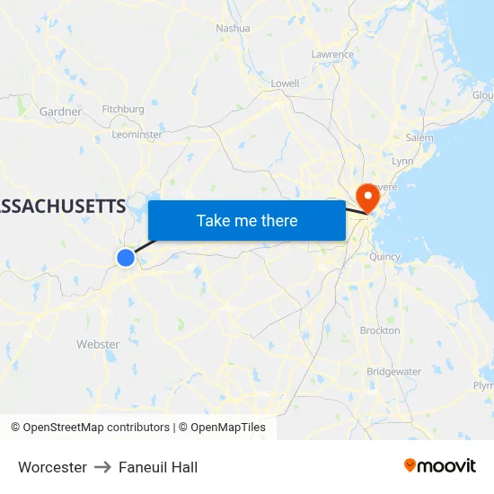 Worcester to Faneuil Hall map