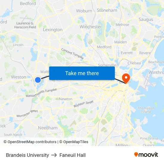 Brandeis University to Faneuil Hall map