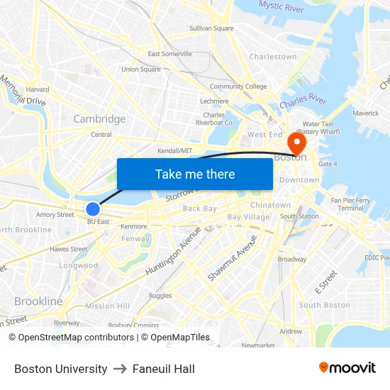 Boston University to Faneuil Hall map