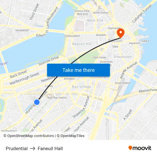 Prudential to Faneuil Hall map