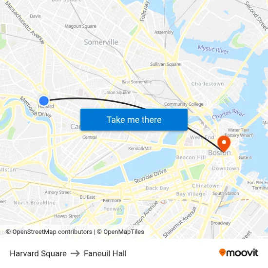 Harvard Square to Faneuil Hall map