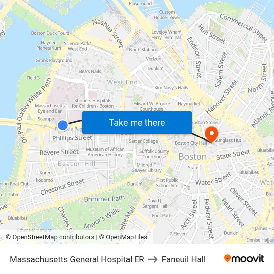 Massachusetts General Hospital ER to Faneuil Hall map
