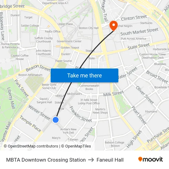 MBTA Downtown Crossing Station to Faneuil Hall map