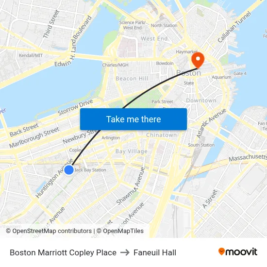 Boston Marriott Copley Place to Faneuil Hall map