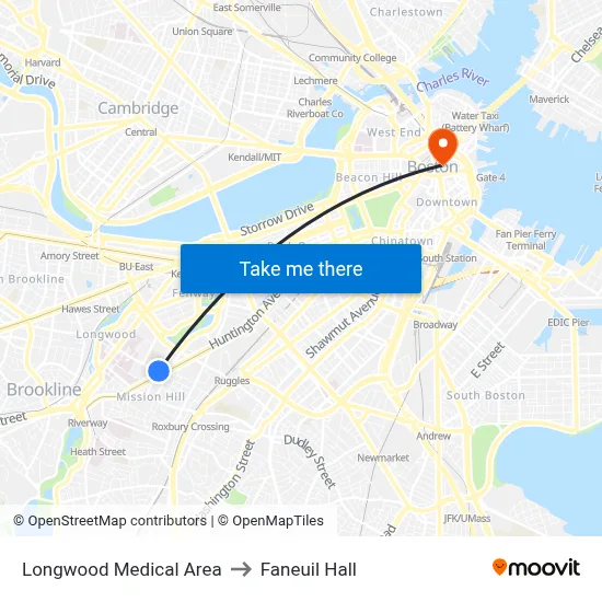 Longwood Medical Area to Faneuil Hall map