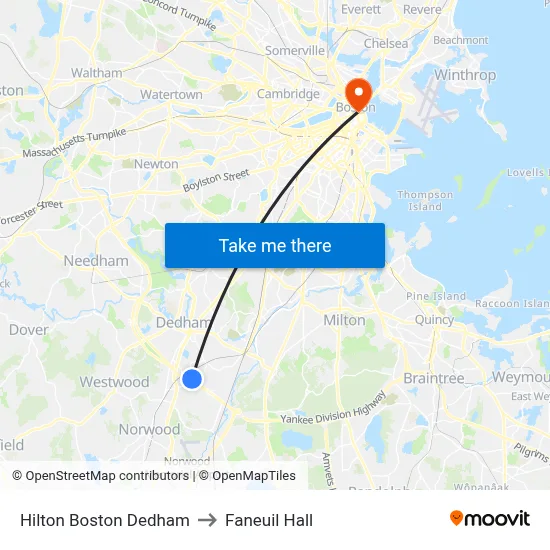 Hilton Boston Dedham to Faneuil Hall map