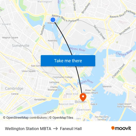 Wellington Station MBTA to Faneuil Hall map