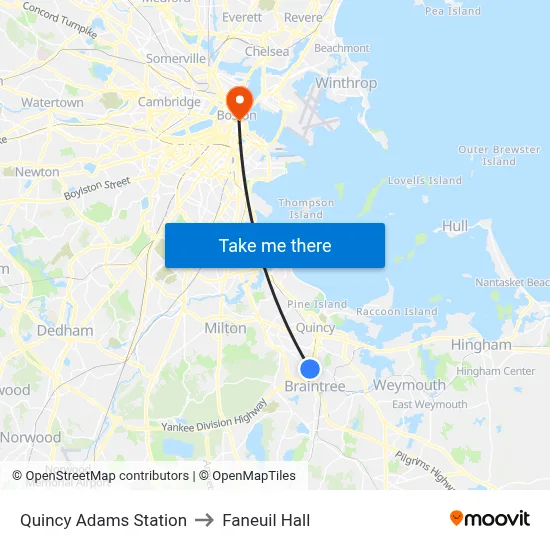 Quincy Adams Station to Faneuil Hall map