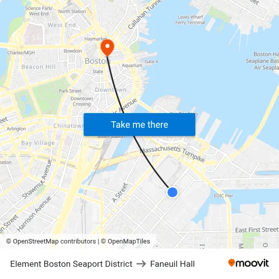 Element Boston Seaport District to Faneuil Hall map