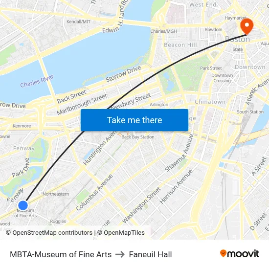 MBTA-Museum of Fine Arts to Faneuil Hall map