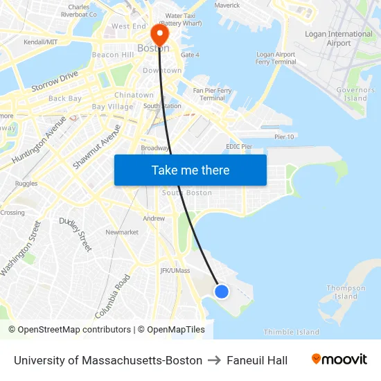 University of Massachusetts-Boston to Faneuil Hall map