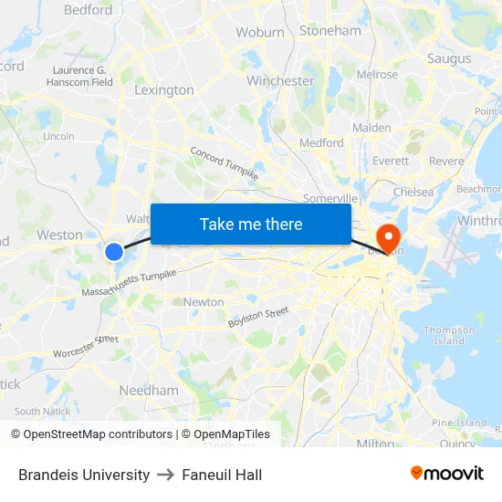 Brandeis University to Faneuil Hall map