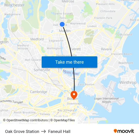 Oak Grove Station to Faneuil Hall map