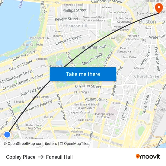 Copley Place to Faneuil Hall map