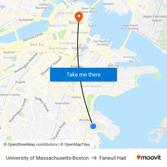 University of Massachusetts-Boston, 100 Morrissey Blvd to Faneuil Hall map