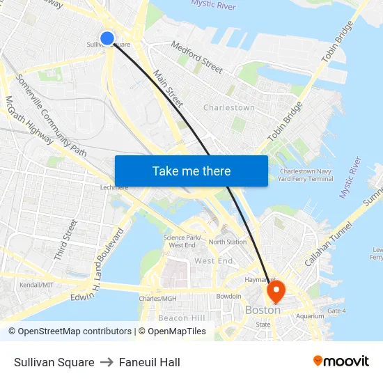 Sullivan Square to Faneuil Hall map